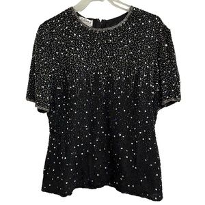 STENAY 100% Silk Black Silver Beaded Sequins Blouse Top Short Sleeves Size Large